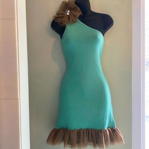 One shoulder teal and tan dress